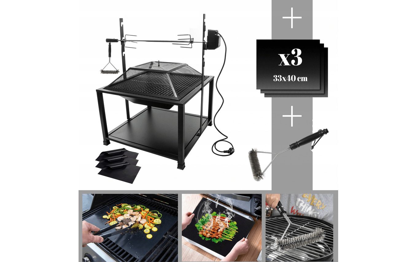 %NOUVEAU% Ensemble complet de bol à feu et grill avec rôtissoire électrique