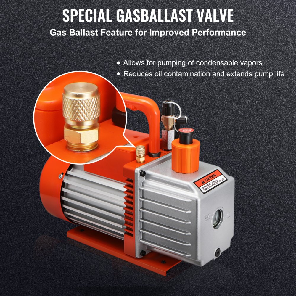 2-traps draaischuifvacuümpomp, 1/2 pk, 5 CFM, ontworpen voor HVAC-service, koudeconservering en harsontgassing, met 1/4" SAE, 3/8" SAE en 1/2" ACME bladinlaten 2-traps draaischuifvacuümpomp, 1/2 pk, 5 CFM, ontworpen voor HVAC-service, koudeconservering en harsontgassing, met 1/4" SAE, 3/8" SAE en 1/2" ACME bladinlaten