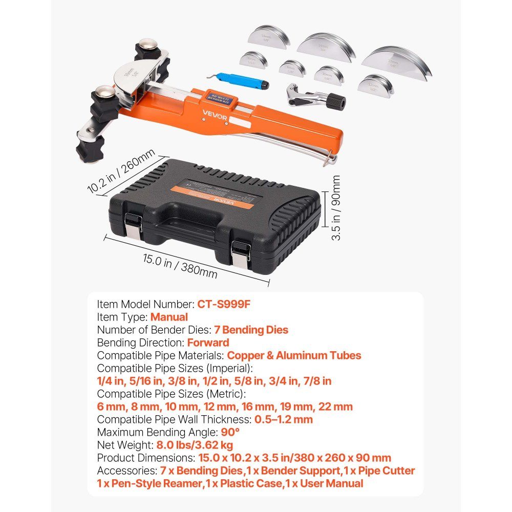 Pipe Bender 6-22mm Pipe Bender Up to 90° Forward Hand Bending Tool 7 Jaw Aluminum Alloy Bending Machine HVAC Tools for Copper and Aluminum Refrigeration Equipment Maintenance