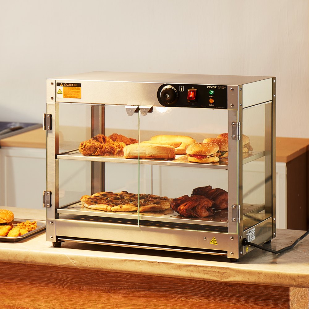 Chauffe-plats commercial à 2 étages, chauffe-plats 800 W avec lumière pour améliorer la présentation des aliments, contrôle de la température de 30 °C à 85 °C, grande capacité de 58 L pour hamburger, pizza, pain, poulet frit Chauffe-plats commercial à 2 étages, chauffe-plats 800 W avec lumière pour améliorer la présentation des aliments, contrôle de la température de 30 °C à 85 °C, grande capacité de 58 L pour hamburger, pizza, pain, poulet frit