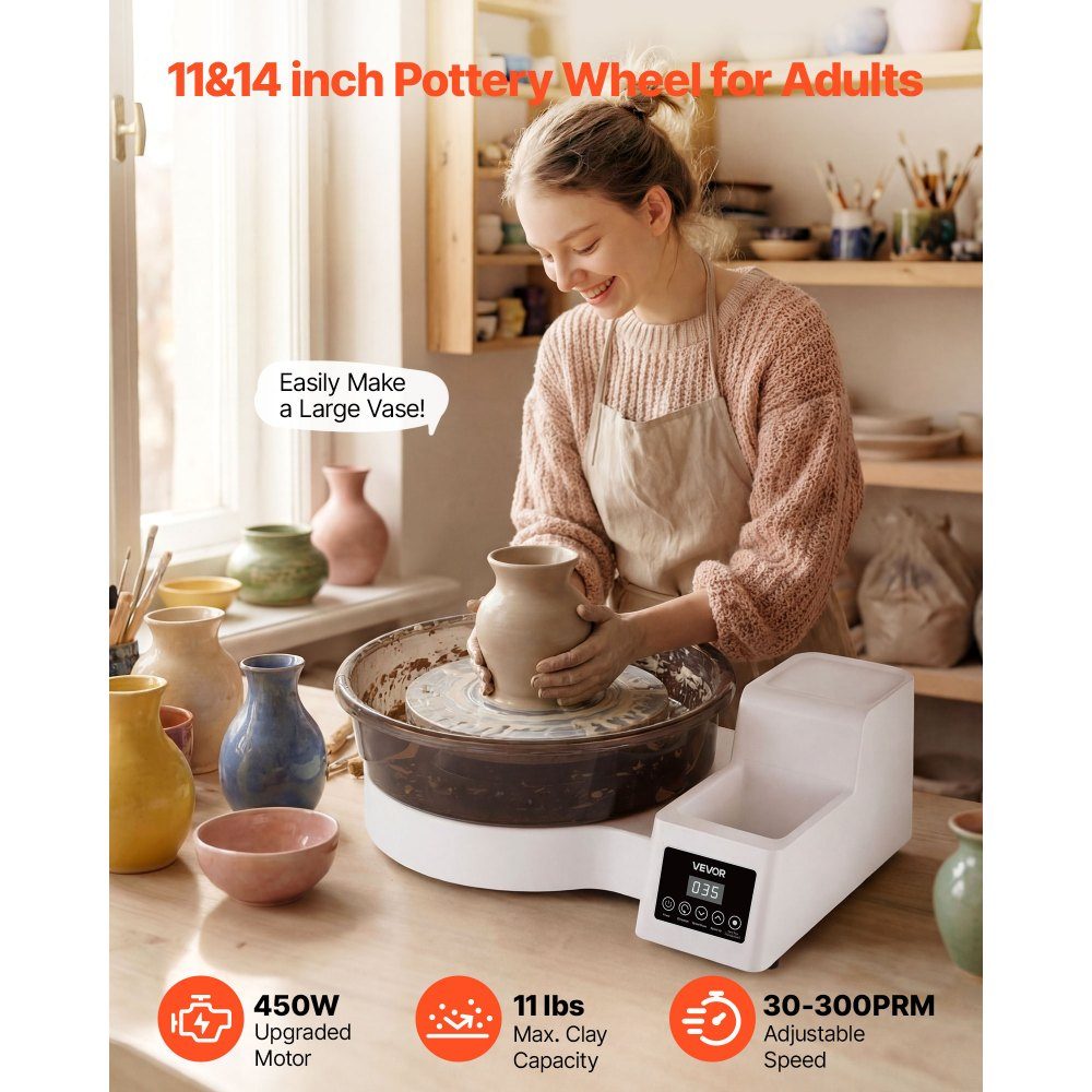 Elektryczne koło garncarskie 450 W, tokarka do ceramiki 28/36 cm Gramofon, koło ceramiczne z pedałem i regulacją prędkości 30-300 obr./min i zdejmowaną umywalką, dla początkujących DIY Clay Art, biały