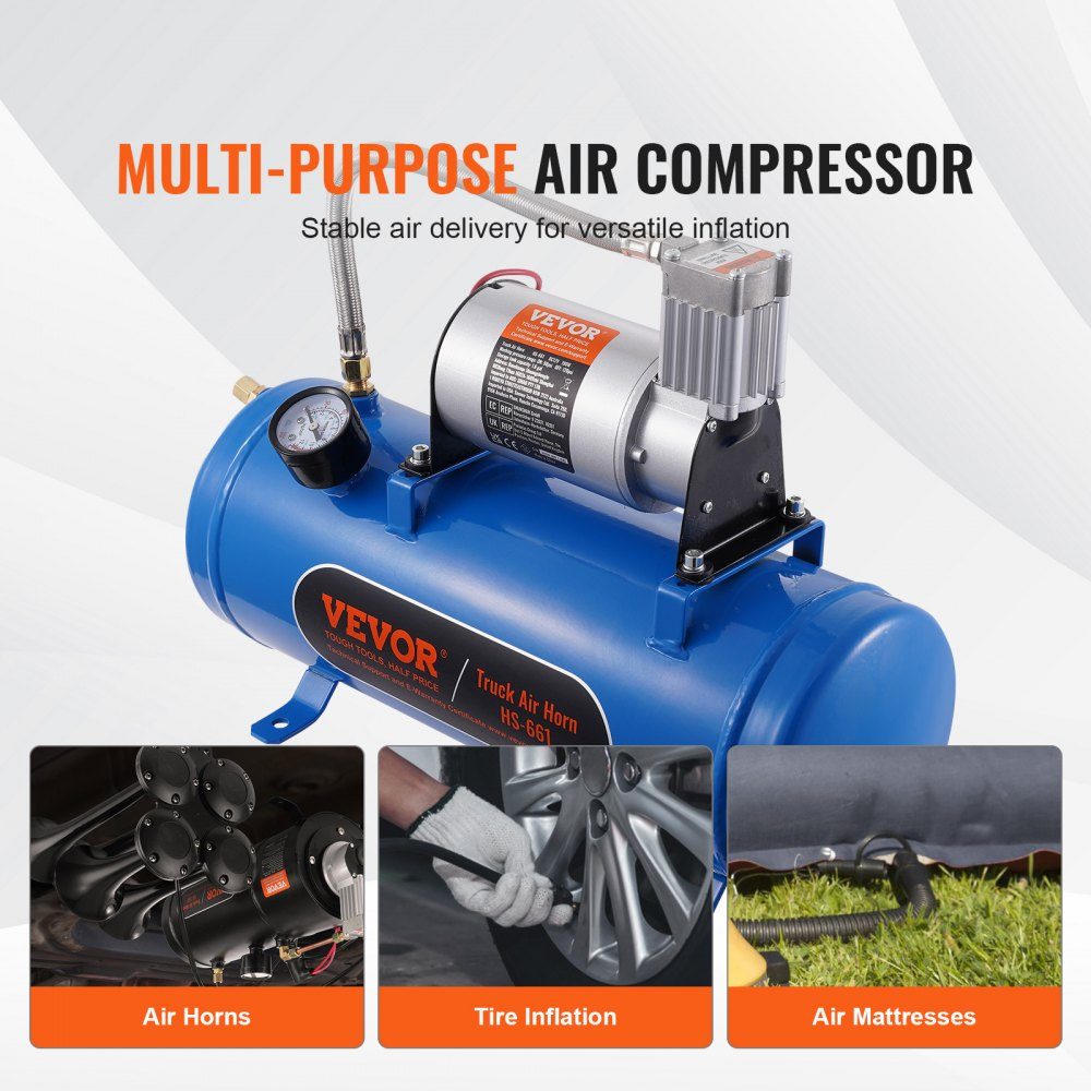 Compresseur d'air 12 V avec réservoir 6 L, kit de compresseur d'air pour klaxon de train, pression de fonctionnement 90-120 psi, système de compresseur d'air intégré pour klaxons d'air de train, gonflage de pneus, camions, SUV, etc. Bleu