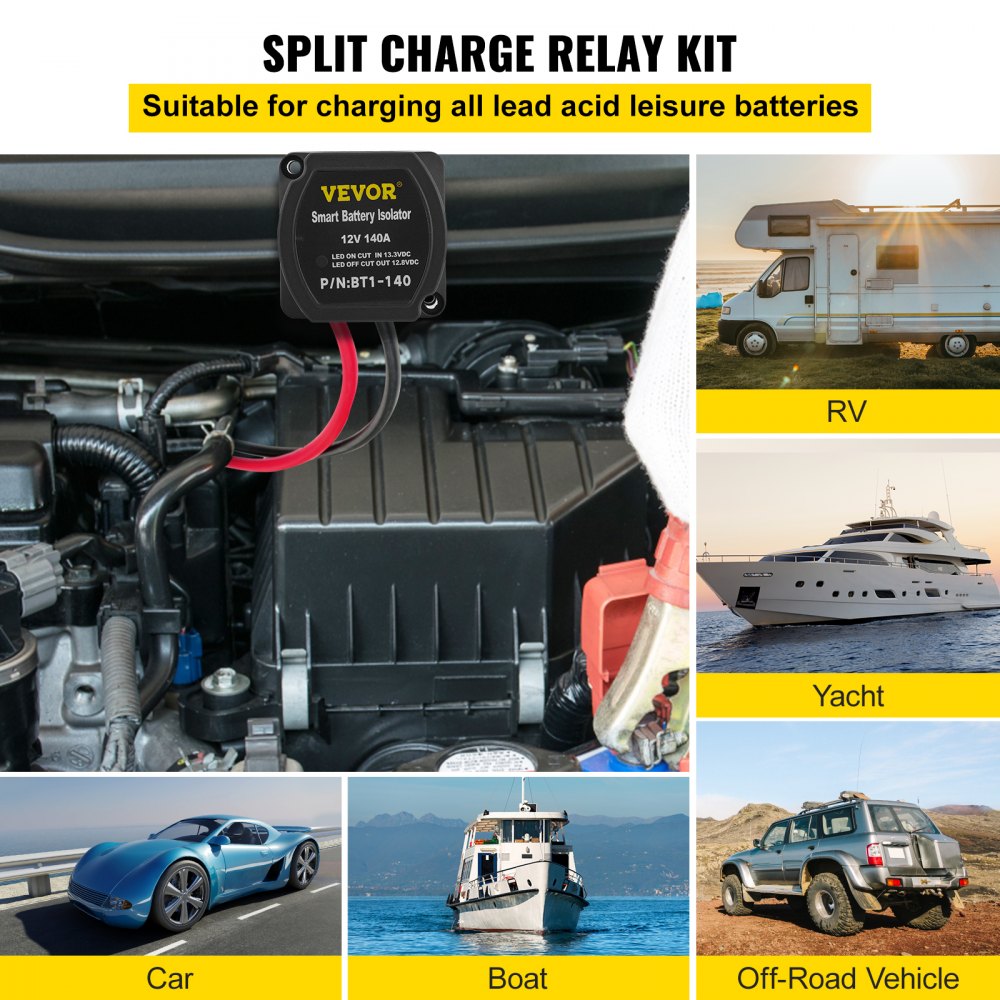 Doppelbatterie-Trennrelais, 12-V-Split-Ladeset, 140 A spannungsempfindliches Relaisset -30–105 ℃, automatisches Ladegerät und 6 m Kabelset für LKW, Wohnmobil, Werkstatt, Auto und Schiff Doppelbatterie-Trennrelais, 12-V-Split-Ladeset, 140 A spannungsempfindliches Relaisset -30–105 ℃, automatisches Ladegerät und 6 m Kabelset für LKW, Wohnmobil, Werkstatt, Auto und Schiff