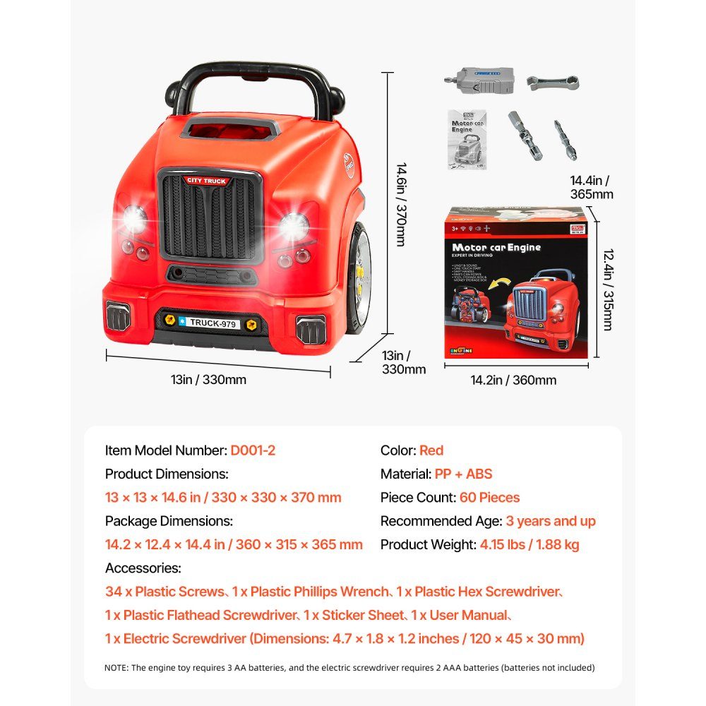 Jouet à moteur, kit de réparation de voiture de 60 pièces pour enfants avec pièces détachables, lumières et sons, volant et klaxon, kit d'atelier mécanique pour enfants pour les tout-petits à partir de 3 ans, rouge
