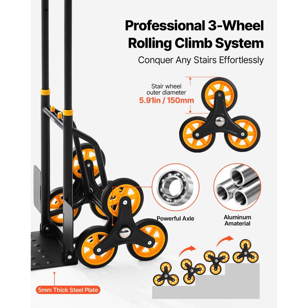 Folding stair hand truck, hand truck 150 kg load capacity, stair climber with 6 wheels & 2 tension straps, transport trolley, stair truck, stacking truck, ideal for household, shopping & storage