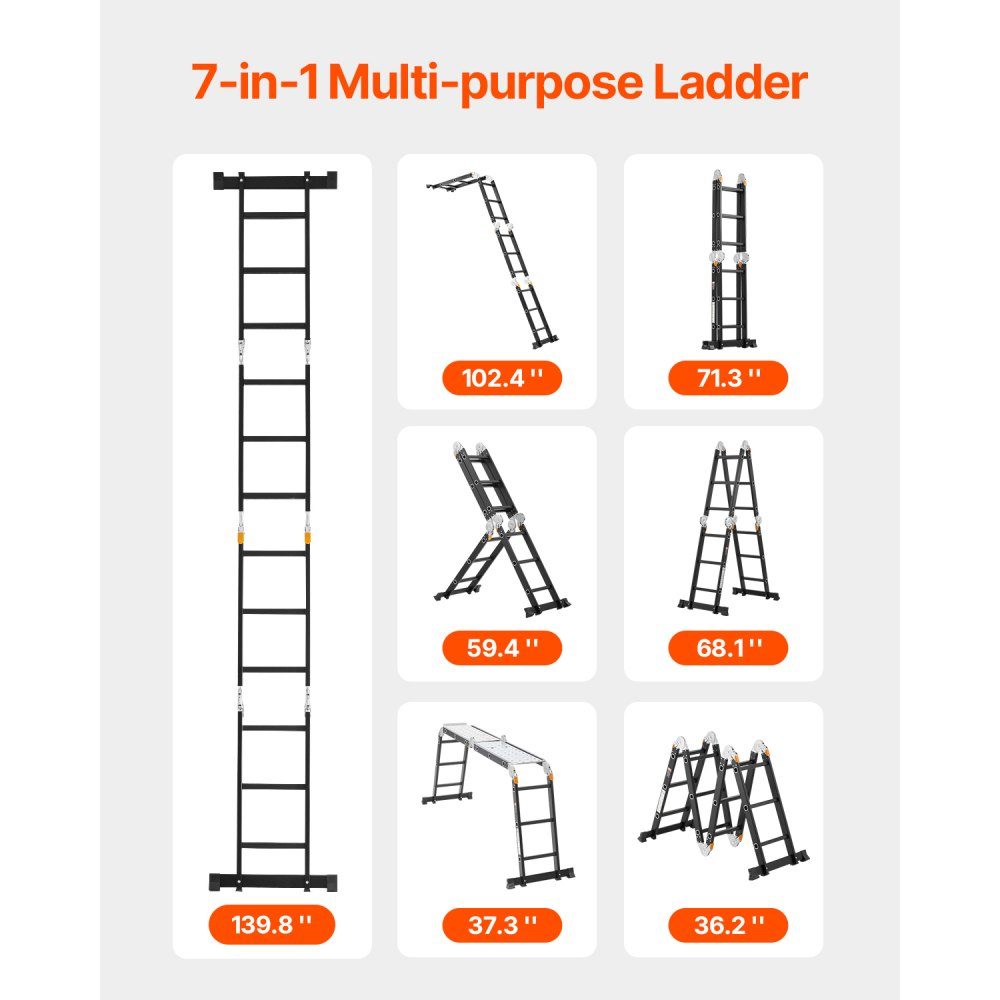Multipurpose Ladder, 7 in 1 Multifunctional Ladder, A-Frame with 3 Steps and Scaffolding Board, Telescopic Ladder, Ladder Scaffold 3550mm, Heavy Duty Ladder, 150kg Load Capacity, for Home Outdoor Use