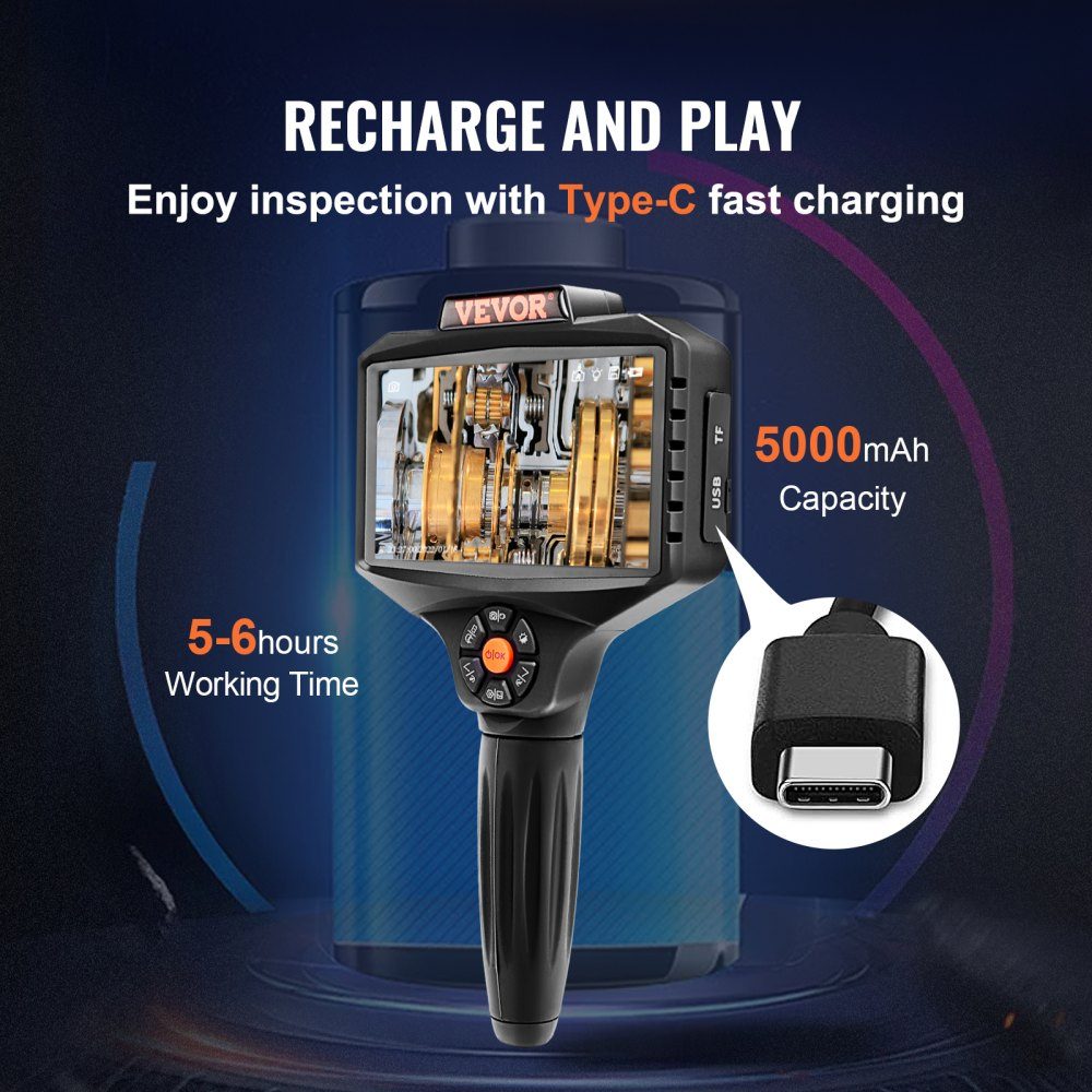 Endoskopkamera mit drei Objektiven, 5-Zoll-IPS-Bildschirm, 854x480-Inspektionskamera, 5-m-Kabel, Rohrkamera, 5000-mAh-Akku für 5–6 Stunden, Kanalisationskamera, IP67-Endoskop, 180° drehbar, Automotoren, Kanalisation, HVAC-Kanäle
