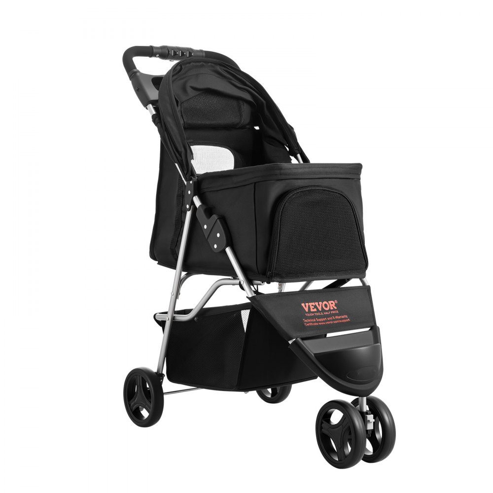 Hundebuggy, Tragfähigkeit 16 kg, faltbarer Haustierbuggy, Katzenbuggy mit 3 Rädern, Netzfenstern und Getränkehaltern, Hundebuggy mit Bremse, für kleine bis mittelgroße Haustiere