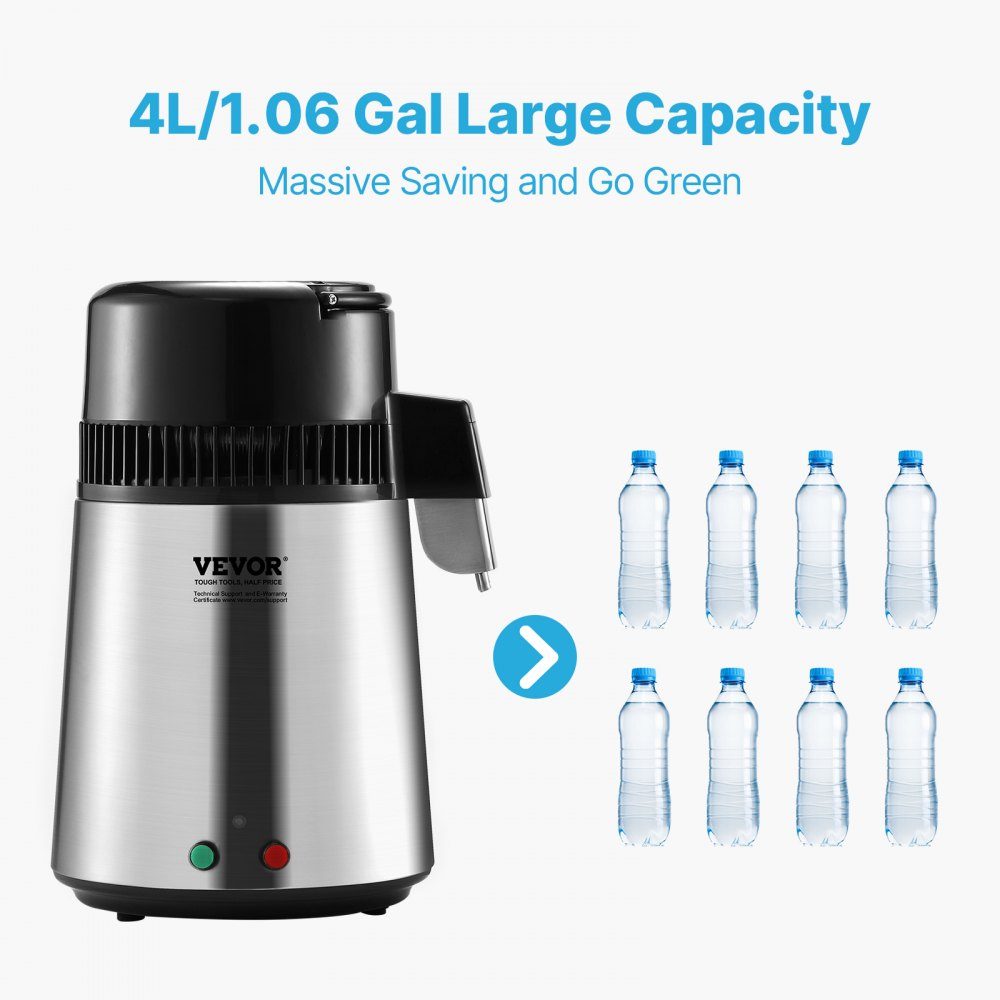 Waterdestilleerder 4L Gezuiverd waterfilter 750W Gedistilleerd water Roestvrij staal Binnendistilleerder Zilver Huishoudelijk 1L water per uur