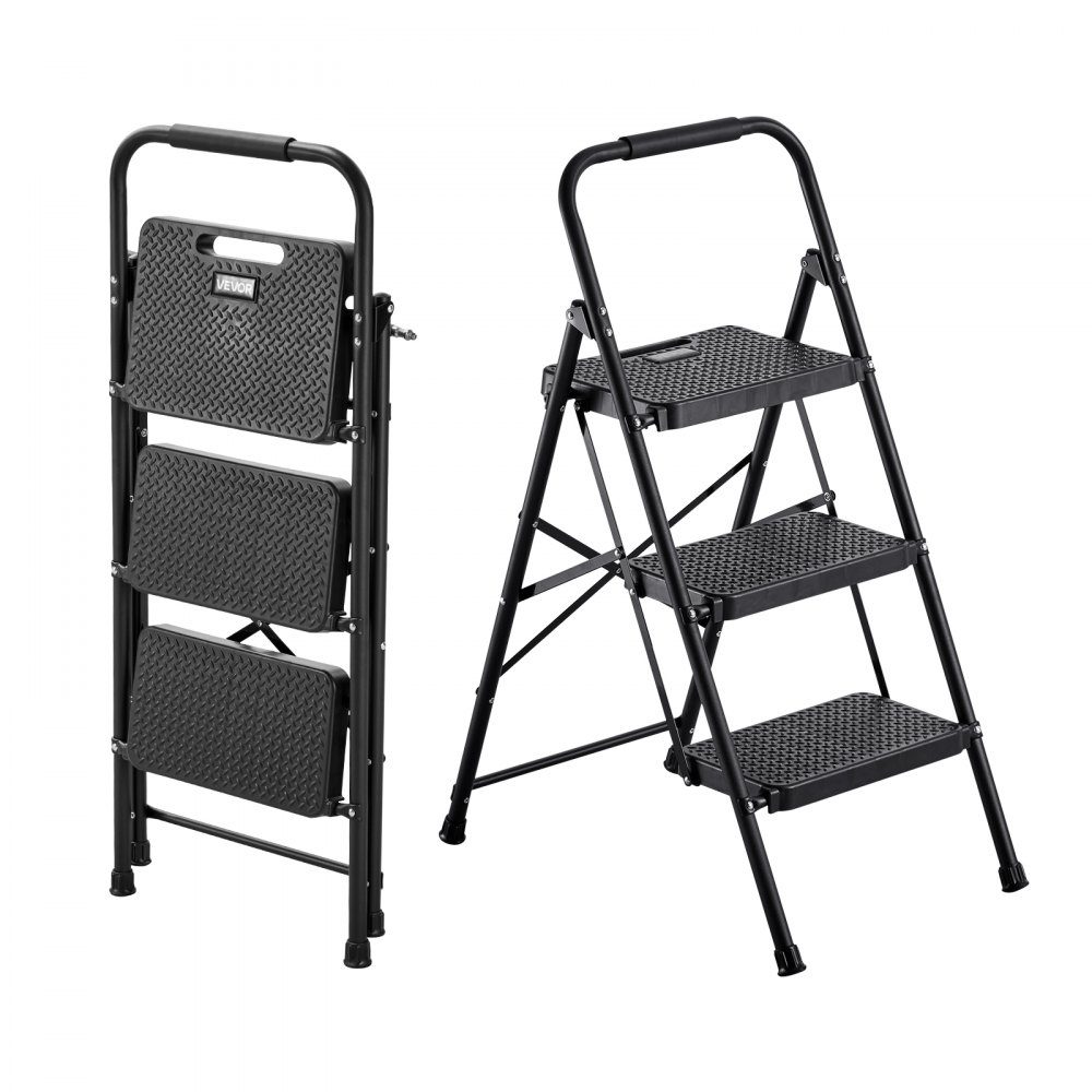 Step Ladder 3 Steps, Folding Ladder with Non-Slip Steps & Comfortable Handle, Household Ladder 272kg Load Capacity, Folding Step, Safety Ladder for Kitchen, Home & Office, Black