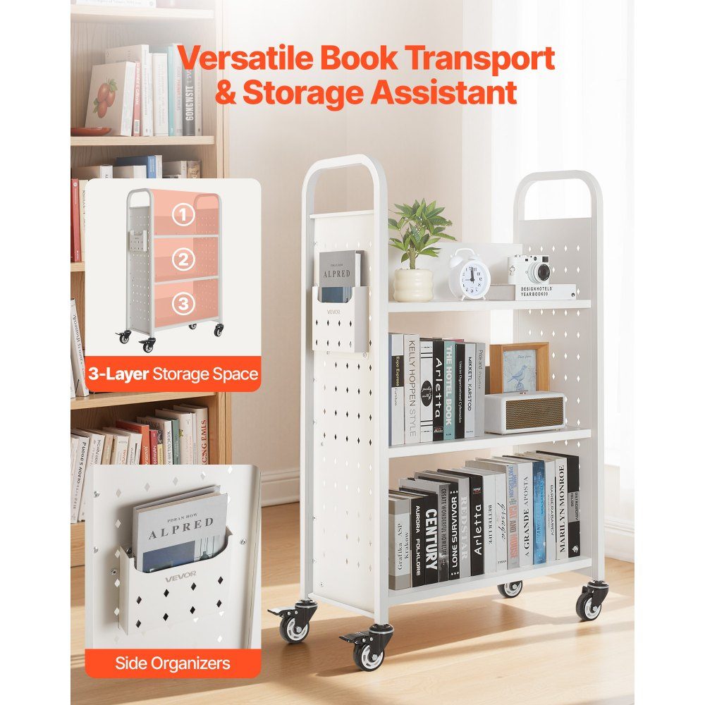 Wózek na książki 150 kg Nośność Wózek biblioteczny 77 x 38 x 122 cm Jednostronny regał w kształcie litery L z podwójnymi kółkami hamulcowymi Wózek na książki do salonu Biuro Szkoła Biały