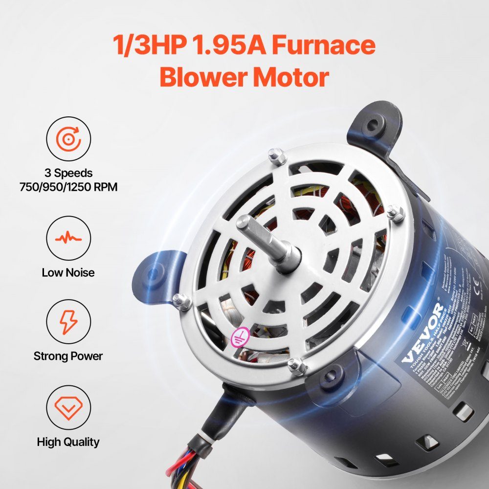 1/3 HP blower motor, 220V, 1.95A, 1250RPM, 3 speeds (750/950-1250RPM), 10mm shaft diameter, 20mm shaft RED clockwise from shaft end, including CBB60 15μF/450V capacitor