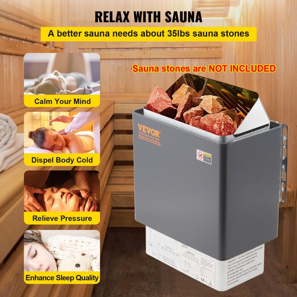 Saunaofen 9 KW, Sauna-Elektroherd 380 V – 415 V, Edelstahl-Saunaofen, elektrischer Saunaofen 2 Modi (Temperatur, Zeit), mit externem Steuergerät & 3M-Temperatursensor (Saunastein nicht im Lieferumfang enthalten)