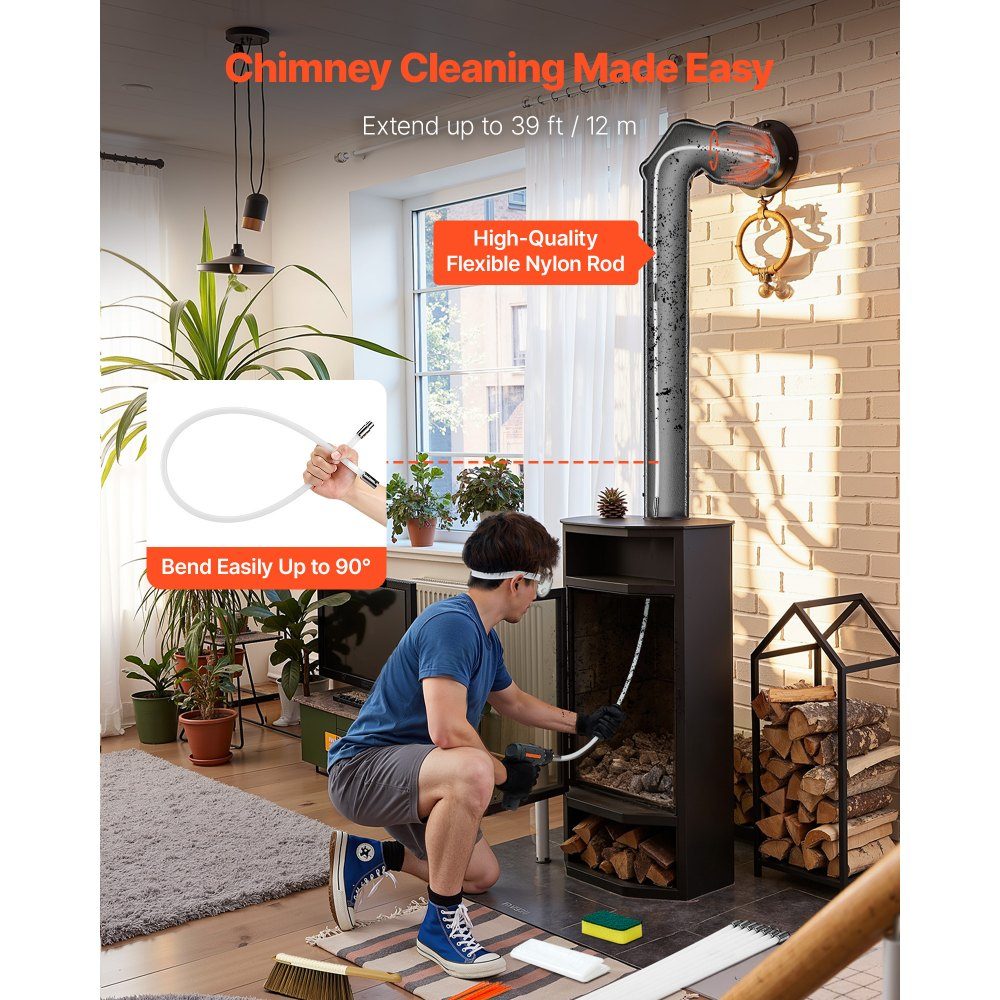 Stove Pipe Brush Set, 12m Max Length, Chimney Brushes, Chimney Sweep Set, Chimney Brush, 90° Bendable Chimney Cleaning Tool, for Square and Rectangular Chimneys