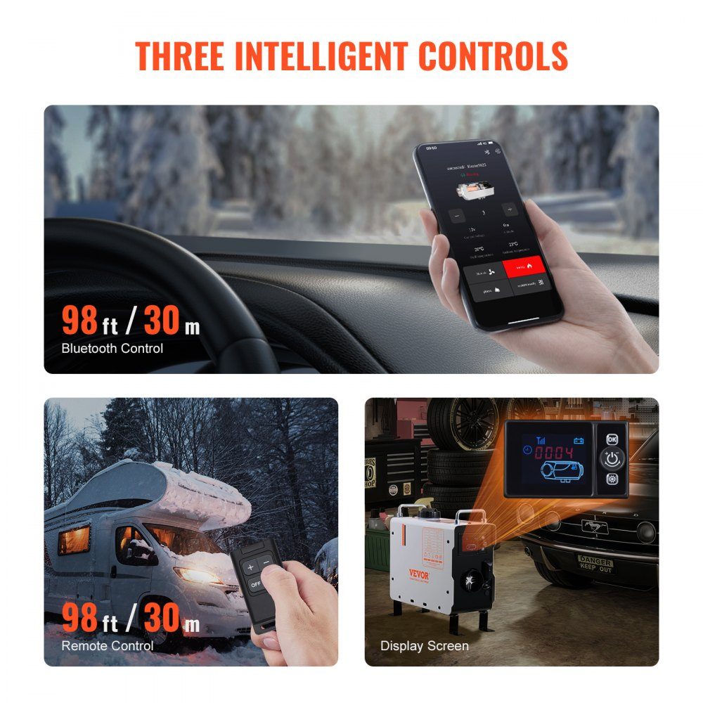 2KW Diesel Heater 12V/24V All-in-One Diesel Air Heater with Bluetooth App Control and Remote Control Screen and CO Alarm Fast Heating Portable Vertical Diesel Heater