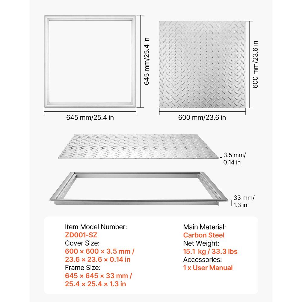 Schachtabdeckung mit Rahmen 60 x 60 cm, quadratische Schachtabdeckung, Klärgrubenabdeckung, robuste, rutschfeste Schachtabdeckung aus Kohlenstoffstahl für Abflüsse, für Gehwege, Gärten, Höfe