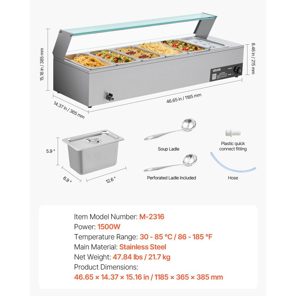 Commercial Food Warmer (6 Size 1/3 Containers), 1.5KW Stainless Steel Electric Warming Container with Glass Cover and Soup Ladle, Chafing Dishes for Catering Restaurant Parties