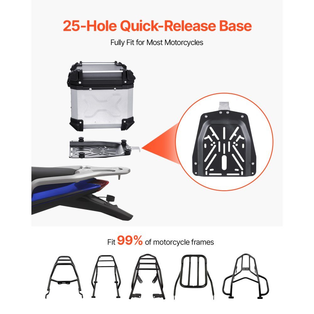 Motorrad-Topcase, Motorradkoffer, 45 l, Heckbox aus Aluminiumlegierung mit Lederfutter, abnehmbare Motorrad-Topbox mit Schloss und Rückenpolster, Helmkoffer (435 x 378 x 348 mm), Silber