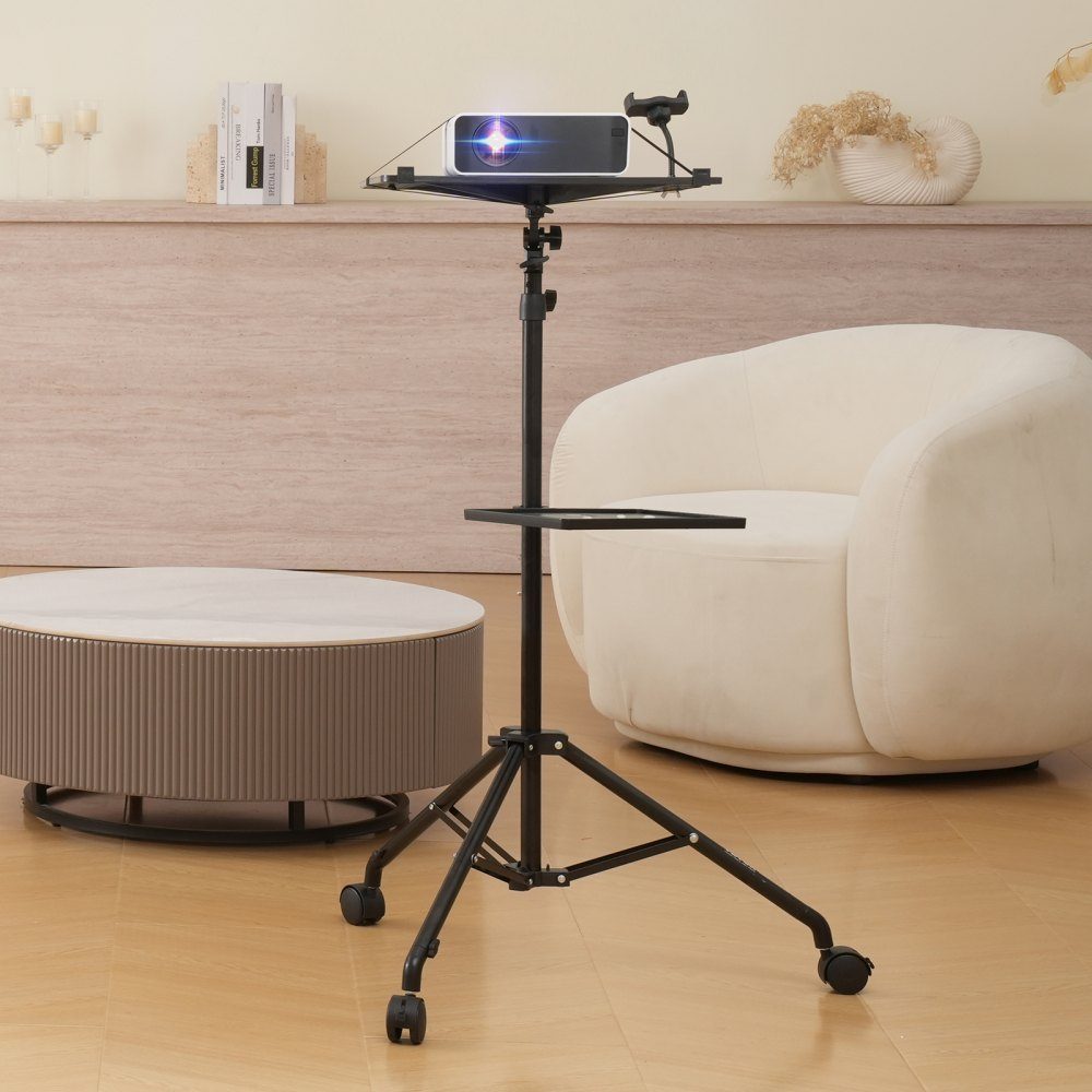 Projectorstandaard met wielen, laptopstandaard, statief, in hoogte verstelbaar van 795 tot 1710 mm, projectorstatief met 2 planken en zwanenhals telefoonhouder, buiten/kantoor/studio, thuis