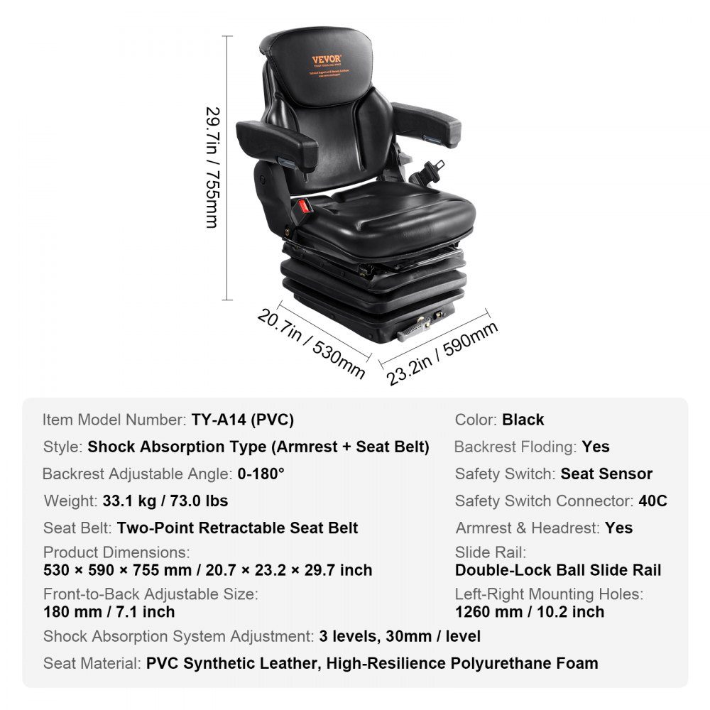 Tractor Seat 590 x 560 x 755mm 0-180° Tractor Seat Universal Tractor Seat Tractor Seat Tractor Seat Forklift PVC 33.1kg for most mechanical seats such as forklifts