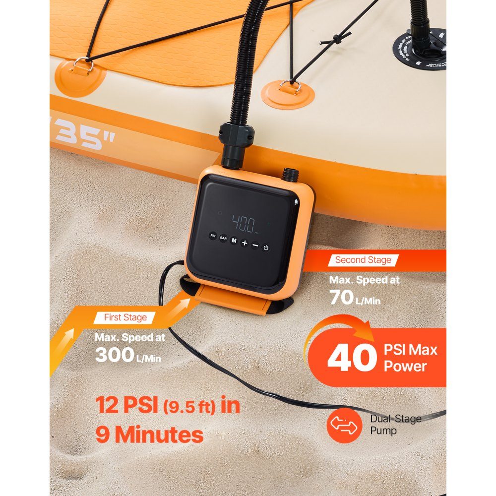 Paddleboard Pump (40 PSI), Two-Stage Electric Portable SUP Air Pump with Auto Shut-Off and 12-V-Gleichstromanschluss, Inflate and Deflate, Ideal for Inflatable Paddleboard Mattresses