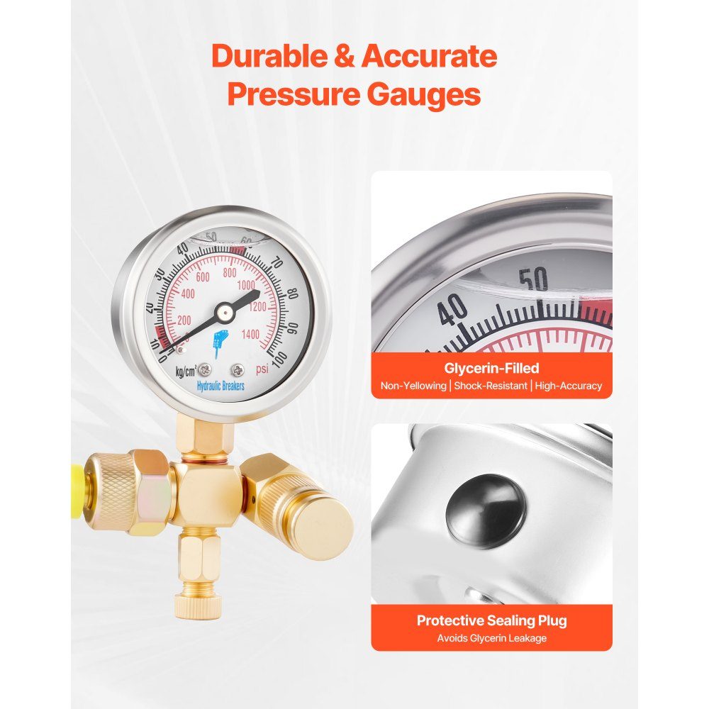 Hydraulisches Stickstoffspeicher-Ladeset, 0–1420 PSI Stickstofffüllset, Druckprüfsystem mit 1 Manometer, 1 Gasschlauch, 1 Ventilkörper und 1 CGA580-Adapter für Baumaschinen