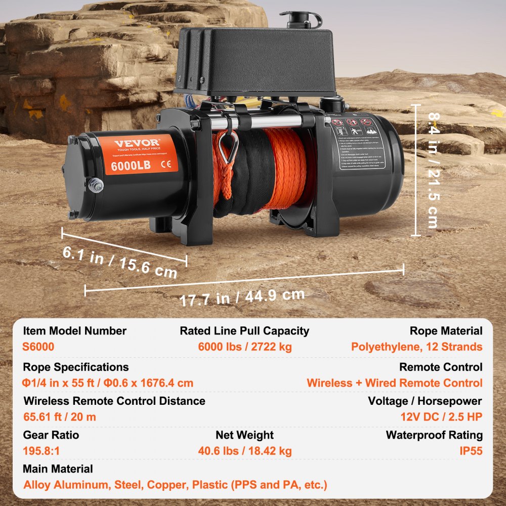 Elektrische Seilwinde, 6000 lb Tragfähigkeit, 12 V DC für LKWs mit 1/4 Zoll x 55 Fuß synthetischem Seil, Aluminiumseilführung, zwei Fernbedienungsoptionen, IP55-Wasserbeständigkeit, ideal zum Ziehen von SUVs, LKWs, Jeeps, Anhängern und Booten Elektrische Seilwinde, 6000 lb Tragfähigkeit, 12 V DC für LKWs mit 1/4 Zoll x 55 Fuß synthetischem Seil, Aluminiumseilführung, zwei Fernbedienungsoptionen, IP55-Wasserbeständigkeit, ideal zum Ziehen von SUVs, LKWs, Jeeps, Anhängern und Booten