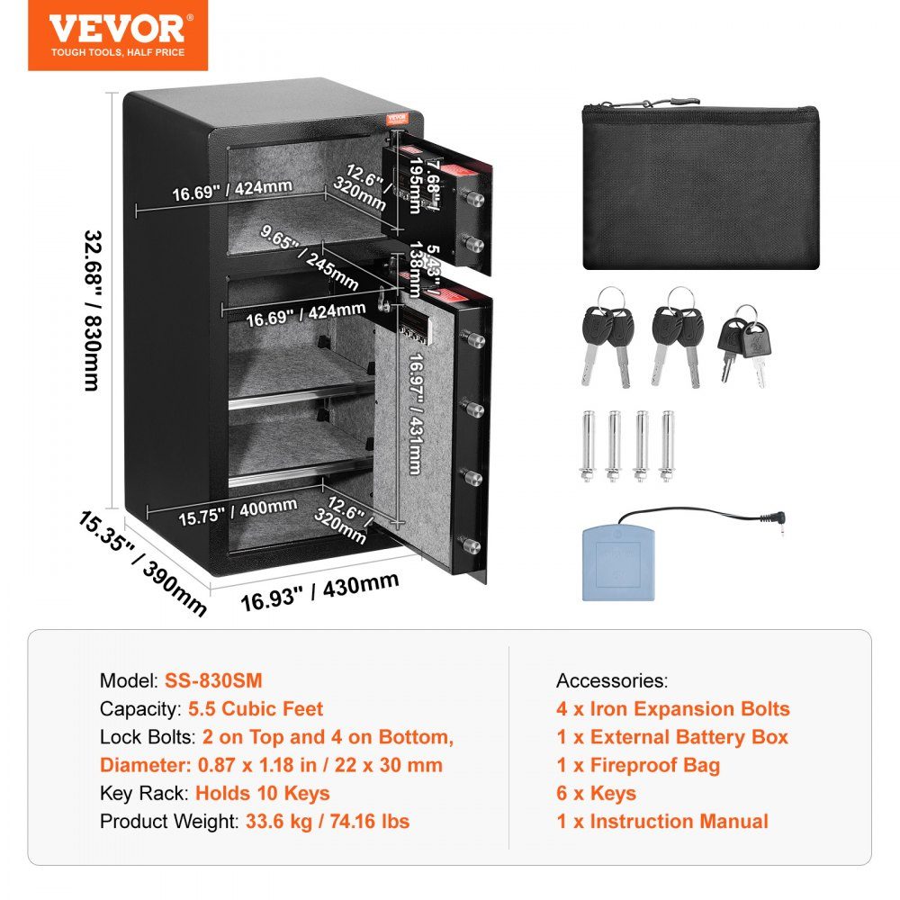Safe Tresor mit feuerfestem Geldbeutel, Doppeltür-Tresor 5,5 Kubikfuß, 2 höhenverstellbare Trennwände, digitaler Möbeltresor mit Schlüssel, Code, Tresor für Geld, Schmuck, Wertsachen, Schwarz