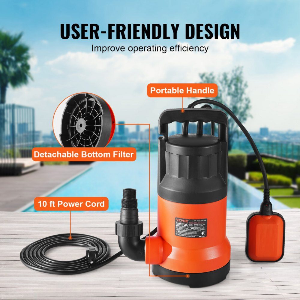 Dirty Water Pump 700W 15700L/H High Flow 10.1m Head Submersible Pump Portable Water Pump with 3m Power Cord for Pumping Water from Swimming Pool, Garden Pond, Basement