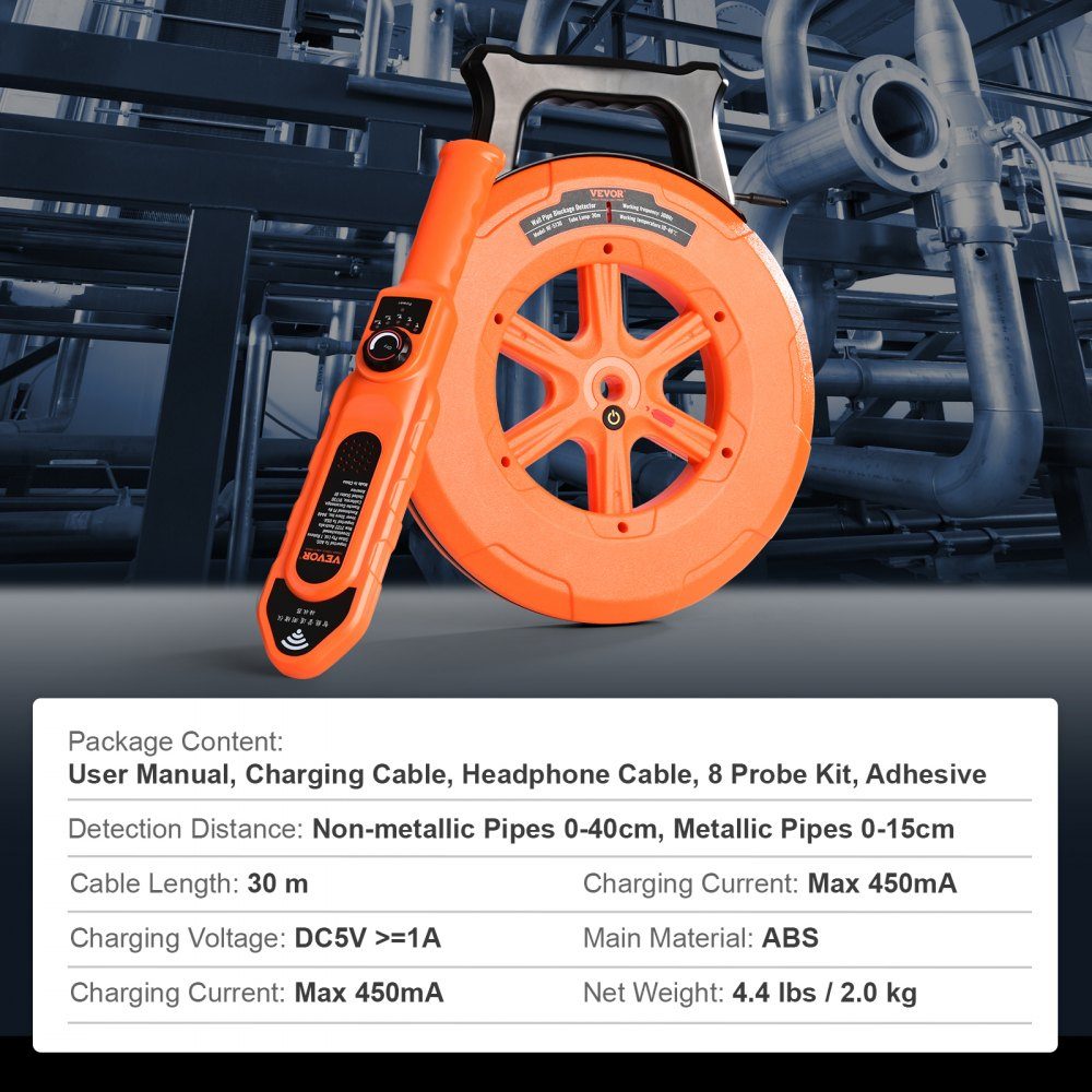 Pipe Blockage Detector Pipe Blockage Detector Pipe Cleaner ABS Case Pipe Inspection Organizer 30m Cable Detection Distance for Non-Metallic Pipes 0-40cm Metal Pipes 0-15cm