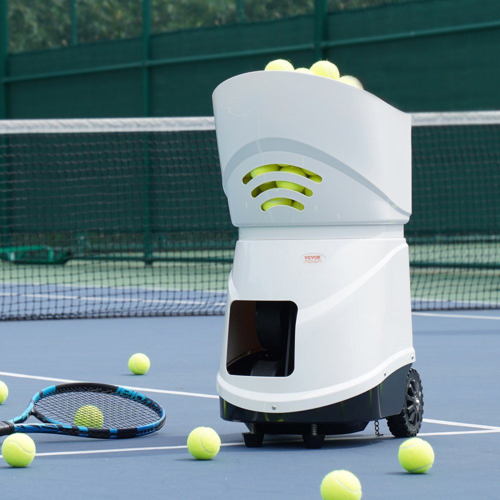Tennisbalmachine, automatische draagbare tennisballenwerper, oefenwerper voor 150 ballen, tennistraining, 5 motoren, oefeningen in meerdere modi, meer dan 2 uur speeltijd, oplaadbare batterij, app-afstandsbediening