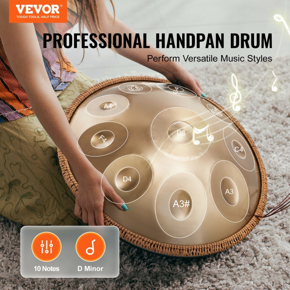 Handpan 55cm 10 Notes D Minor Hand Drum Drum Instrument with Mallets 432Hz Handpan Stand and Carry Bag Healing Steel Sound Drum Percussion Instruments for Adults and Beginners