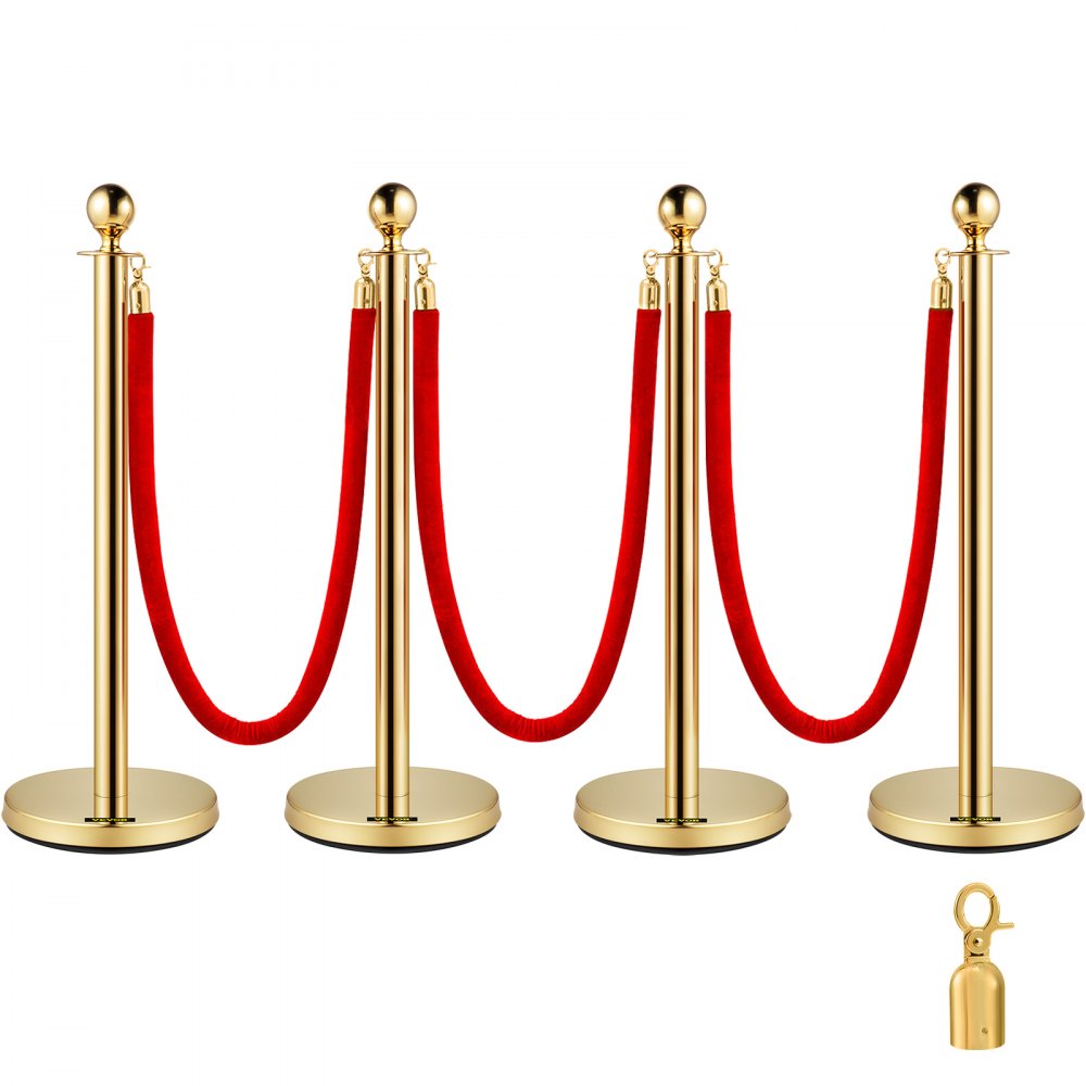 Stainless Steel Barrier Posts, Demarcation Stand, Ball Head, 3 Red Velvet Ropes, Gold Column, 4 Pack, Crowd Control Barriers, Gold