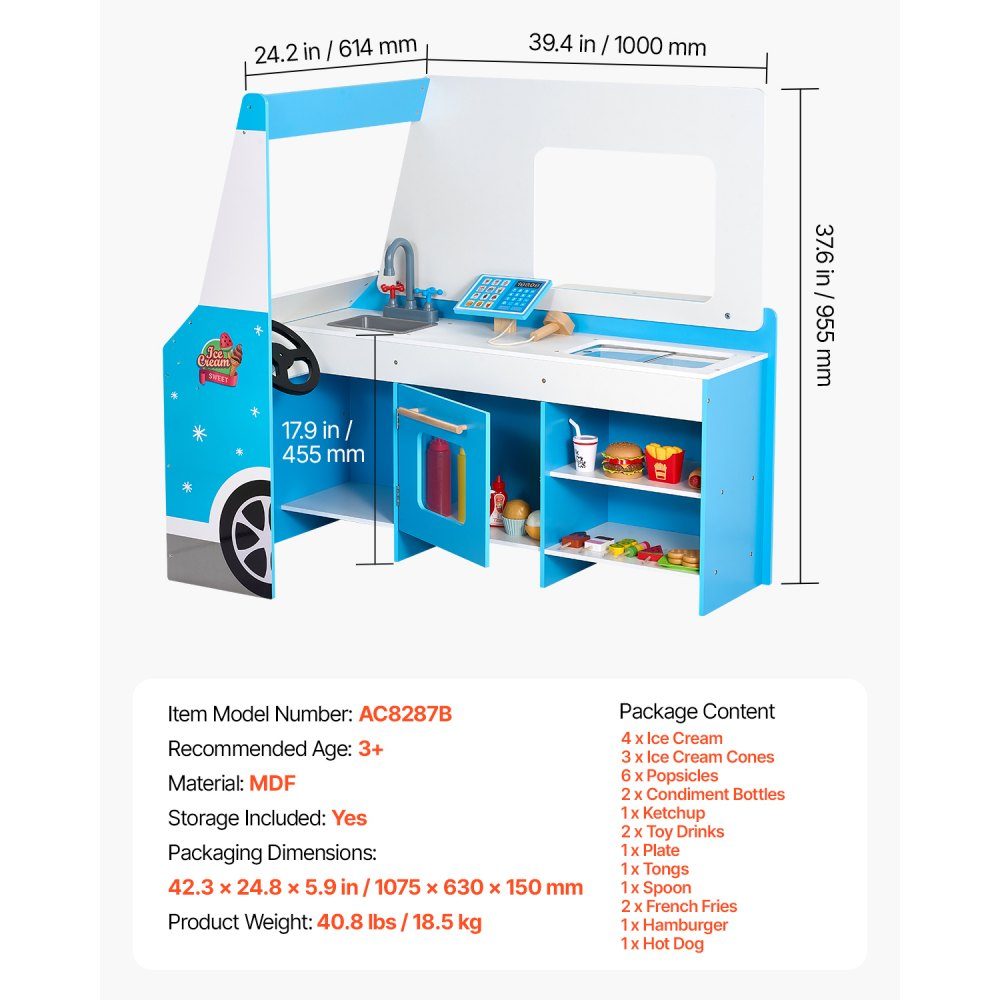 Chariot à glaces pour enfants, plus de 20 accessoires, glacier en bois avec volant et planche, scanner de paiement et congélateur, robinet et évier, adapté aux enfants de 3 à 7 ans, bleu