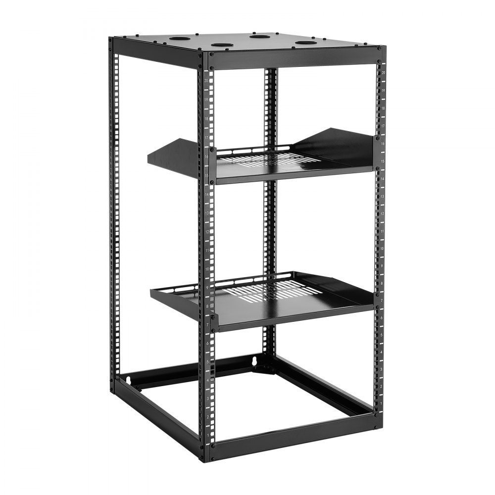 20U open frame network rack, 585mm depth, wall mount or floor standing server rack, 4 post construction, with ventilated shelves and mounting accessories, for network IT equipment and AV equipment