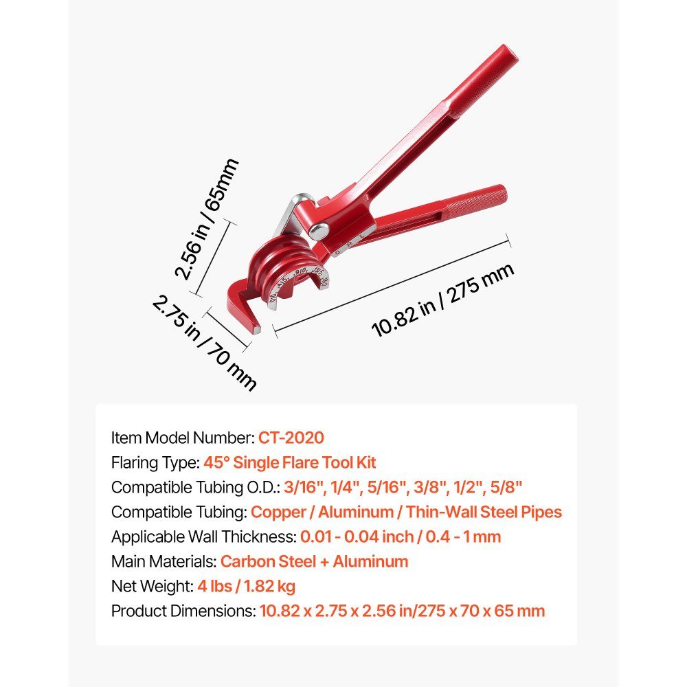 Ensemble d'outils d'évasement de conduite de frein 5 pièces, outil d'évasement à 45° avec conduite de frein de 25 pieds x 1,75 mm pour un évasement facile, extenseur de tuyau avec 20 ports, 2 ports et cintreuse de tuyaux, kit de réparation de véhicule