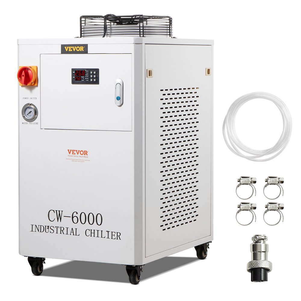 Refroidisseur d'eau industriel, CW6000, système de refroidissement de refroidisseur d'eau 1500 W avec compresseur, capacité du réservoir d'eau de 15 L, débit maximum de 65 L/min, pour machine de refroidissement de machine de gravure laser CO2 Refroidisseur d'eau industriel, CW6000, système de refroidissement de refroidisseur d'eau 1500 W avec compresseur, capacité du réservoir d'eau de 15 L, débit maximum de 65 L/min, pour machine de refroidissement de machine de gravure laser CO2