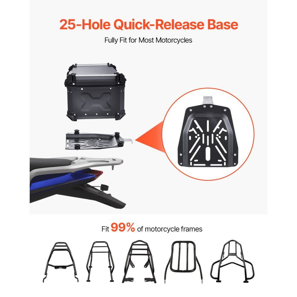 Motorcycle Top Box, Motorcycle Case, 65L, Aluminum Alloy Rear Box with Leather Lining, Removable Motorcycle Top Box with Lock and Back Pad, Helmet Case (565 x 500 x 380mm), Black