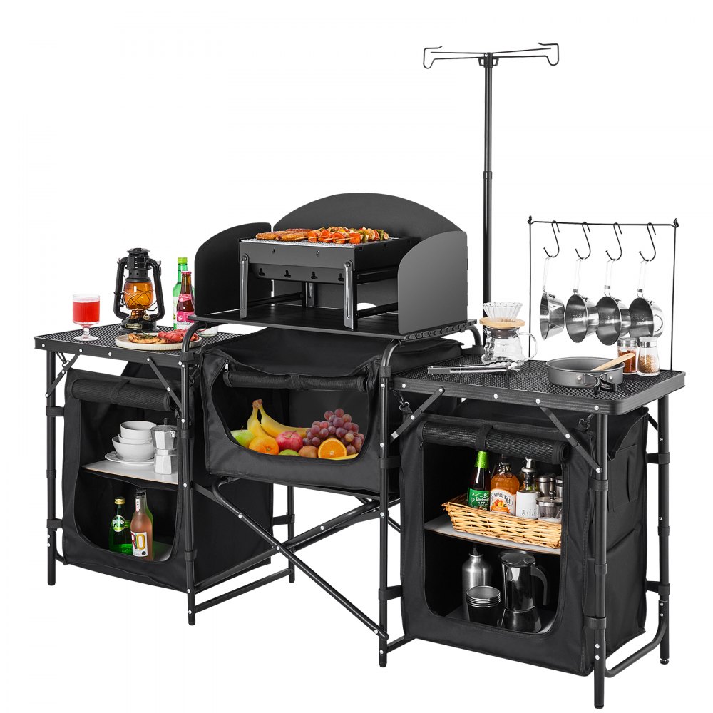 Camping-Küchentisch, Outdoor-Kochtisch, tragbare Aluminium-Kochstation mit 3 Aufbewahrungsschränken und Tragetasche sowie abnehmbarer Windschutzscheibe, für Grillpartys, Picknicks, Wohnmobil-Reisen, Schwarz