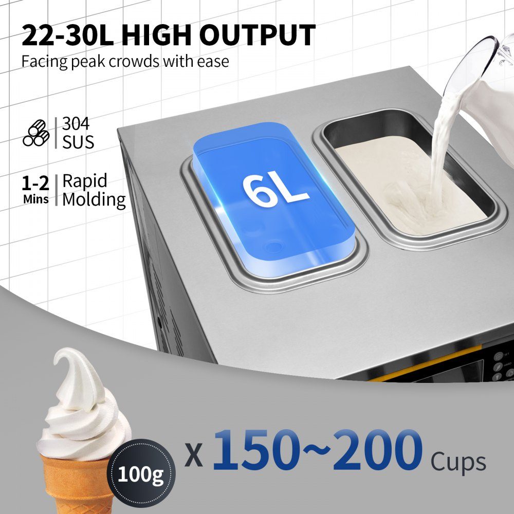 Commerciële softijsmachine 22-30L/u, professionele ijsmachine met LCD-display, 3 smaken, roestvrijstalen trechter, desktopontwerp voor catering en commercieel gebruik
