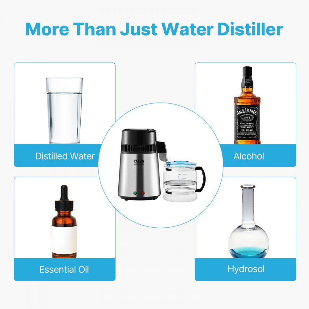 Waterdestilleerder 4L Gezuiverd waterfilter 750W Gedistilleerd water Roestvrij staal Binnendistilleerder Zilver Huishoudelijk 1L water per uur