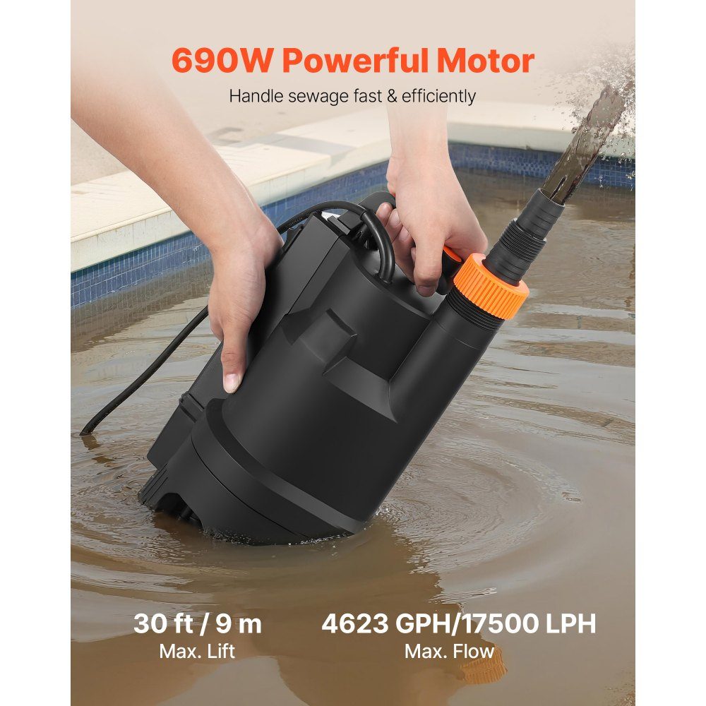 690W Tauchpumpe, 17500L/h, PP-GF20 Schmutzwasserpumpe für Abwasser, Schmutzwasser & Reinwasser mit automatischem Schwimmerschalter, 9m Förderhöhe, für Pools, Teiche, überschwemmte Gebiete