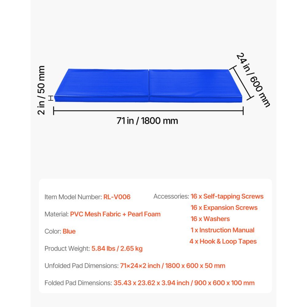 Gym Wall Pad (180 x 60 x 5 cm), Tear-Resistant Wall Mat, Removable High Density Foam Padding for Wall Mounting for Basketball Courts, Basement Protective Pad, Blue