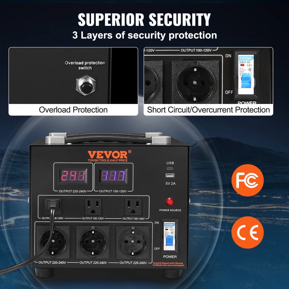 5000 W Spannungswandler-Transformator AC 110 V⇋220 V Transformator-Konverter 3x US NEMA 5-15R 3-polig / 3x europäische Shucko-Ausgangsbuchsen, 1x 5V USB-Anschluss und 1x Typ-C-Buchse