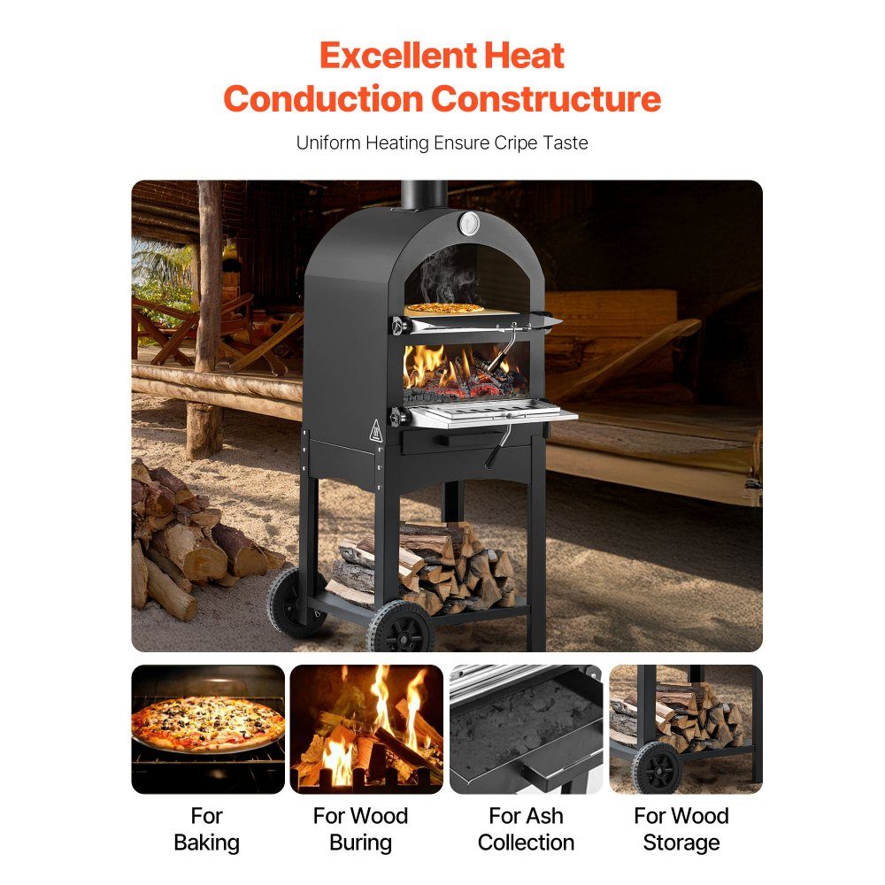 Pizza Oven 12 Inch Pellet Ovens, 2 Layer Wood Fired Pizza Oven, Outdoor Wood Oven with 2 Removable Wheels, Pizza Maker with Maximum Temperature of 540°C for Grilling