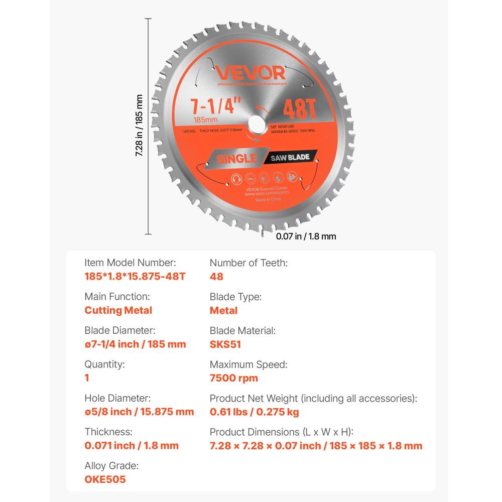 Cirkelzaagblad (diameter 185 mm, 48 scherpe tanden en dikte 1,8 mm), ideaal voor staal en aluminium, compatibel met cirkelzagen, zaagblad van gelegeerd staal met geluidsreducerende warmteafvoer