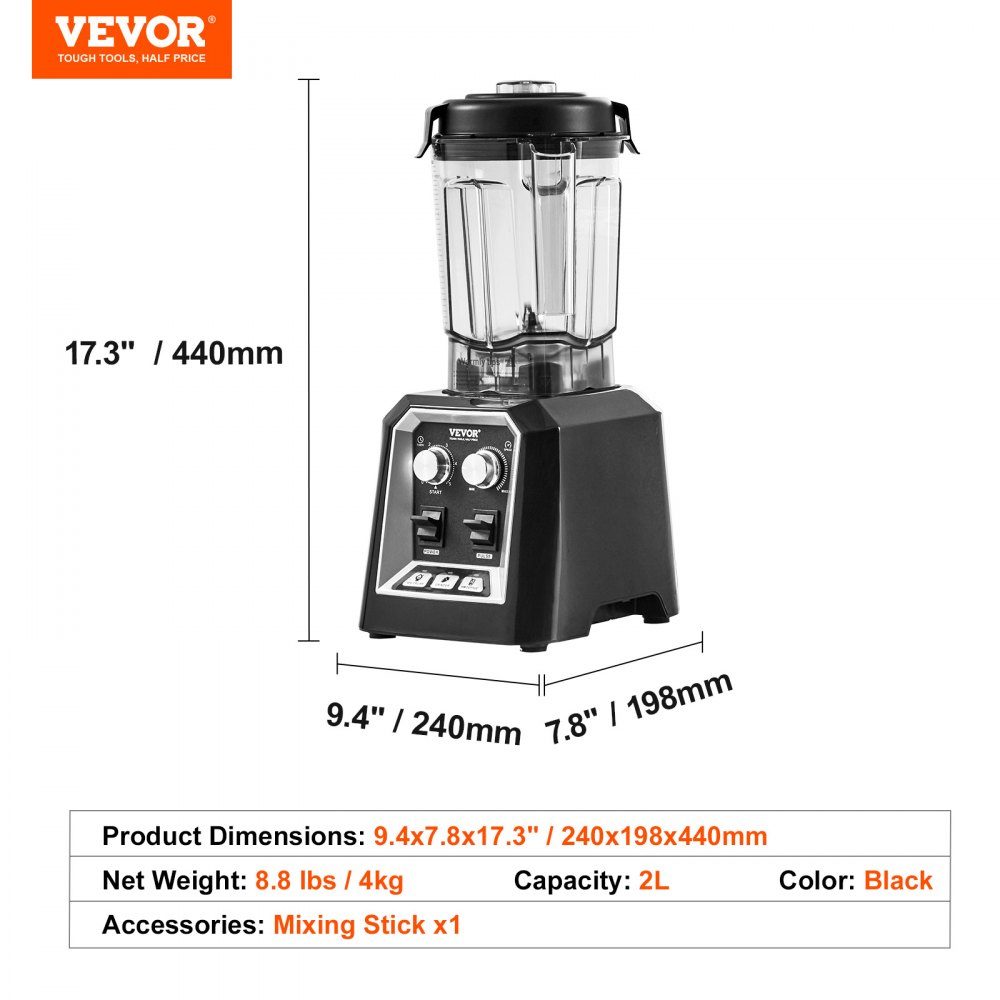Mixer commercial stand mixer 2200W with plastic container, high-performance mixer power professional mixer kitchen mixer with 3 functions, for frozen drinks, shakes, smoothies and crushed ice, black
