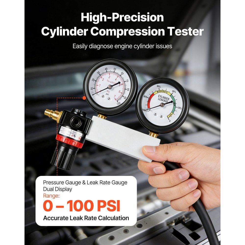 Engine Cylinder Pressure Loss Tester, 0-100psi Pressure Gauge Range, Cylinder Pressure Tester with 4 Adapters and 2 Metal Tubes, Automotive Compression Test Kit, Pressure Test and Leak Rate Measurement