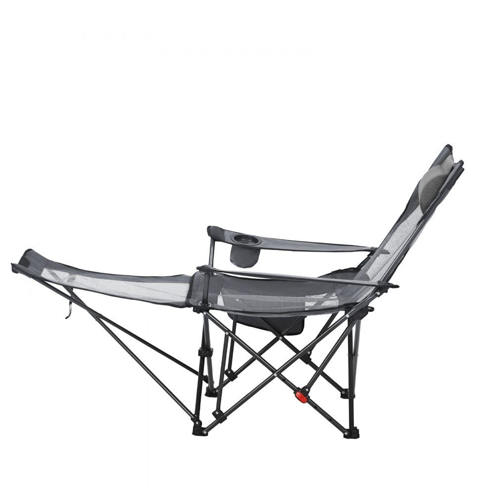 Folding Camping Chair, Deck Chair with 4 Adjustable Positions, Relaxation Chair Lounger with Cup Holder, Mesh Beach Chair with Headrest & Footrest, Load Capacity 100kg, for Outdoor Camping, Gray