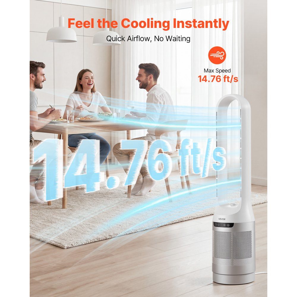 Tower Fan without Blades, 104cm Column Fan with 12 Speeds Max 4.5m/s, 4 Modes, 8 Hour Timer, 65° Oscillating Pedestal Fan with Remote Control for Bedroom, Office, White